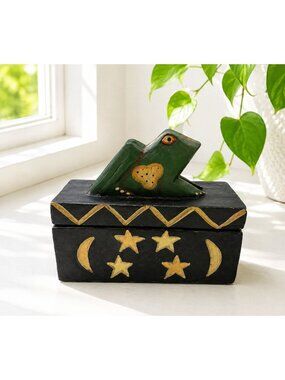 Vintage Folk Art Frog Trinket Box Hand Painted Wood Moon & Stars Whimsical Cotta